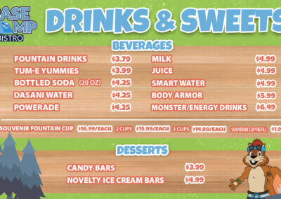 Base Camp Bistro menu items including drinks and sweets/desserts for website