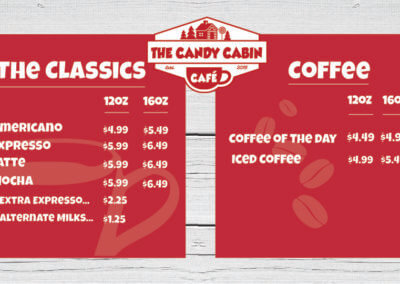 The Candy Cabin Cafe coffee menu items for website
