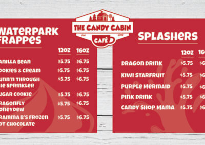 The Candy Cabin Cafe frappes and splasher menu items for website