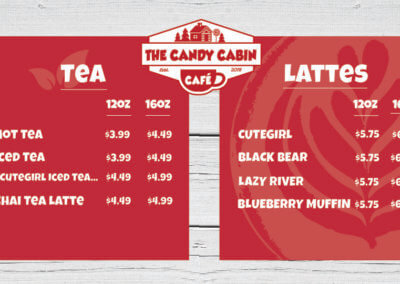 The Candy Cabin Cafe tea and latte menu items for website