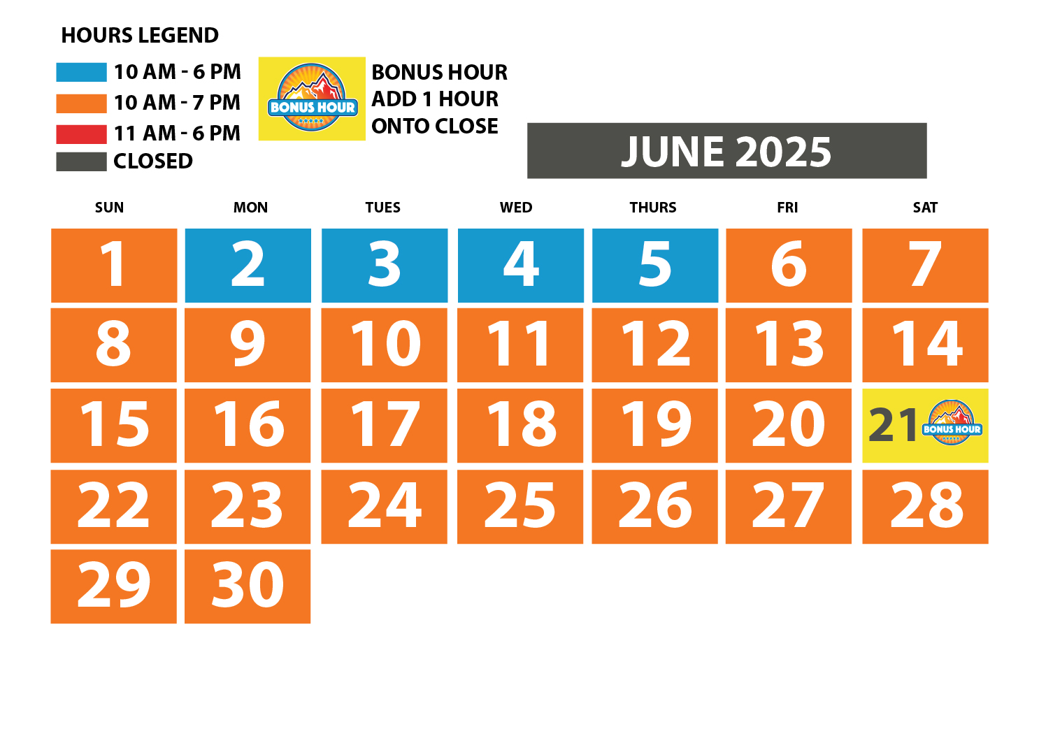 Soaky Mountain June Calendar for the 2025 season.