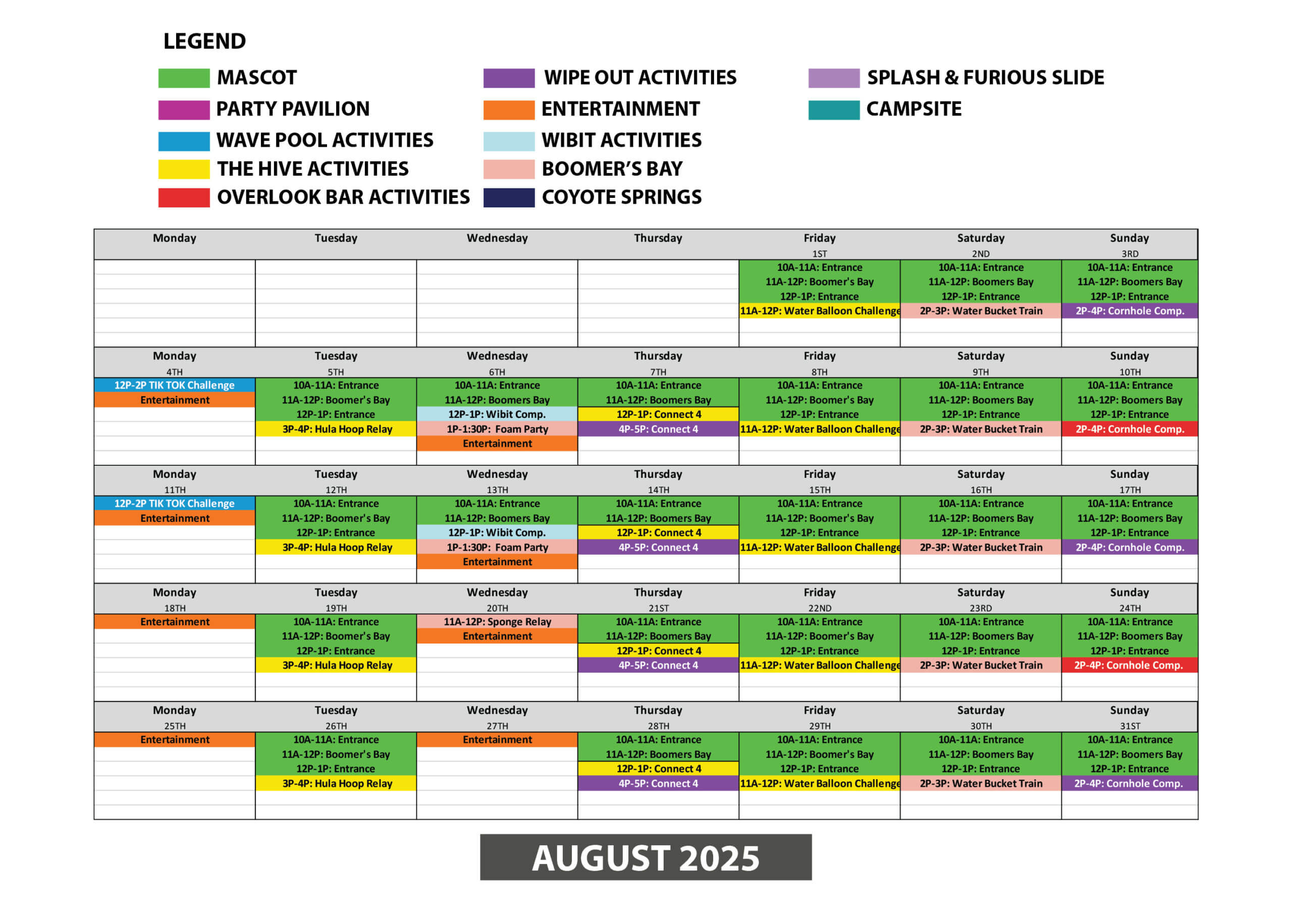 August Activity Schedule at Soaky Mountain Waterpark