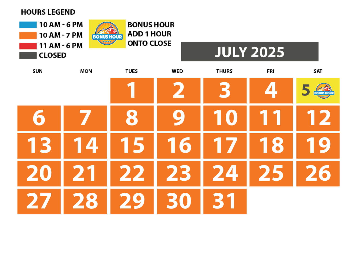 Soaky Mountain July Calendar for the 2025 season.
