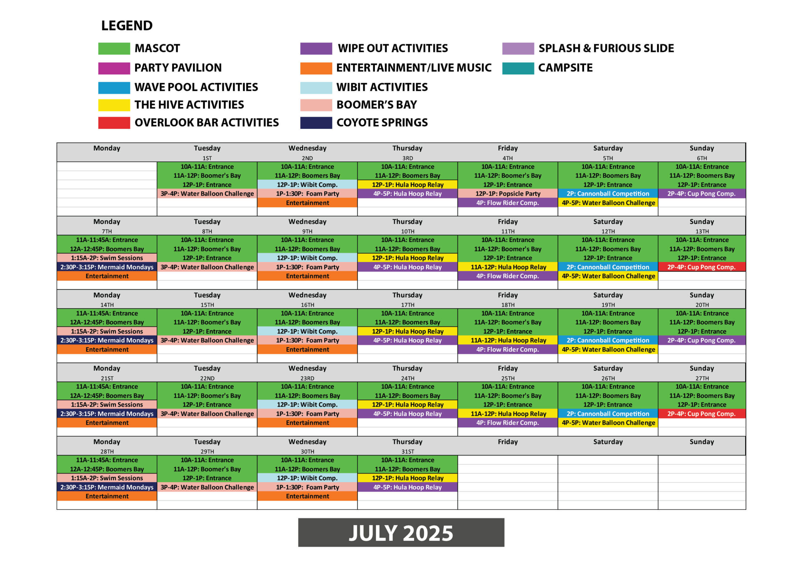 July Activity Schedule at Soaky Mountain Waterpark