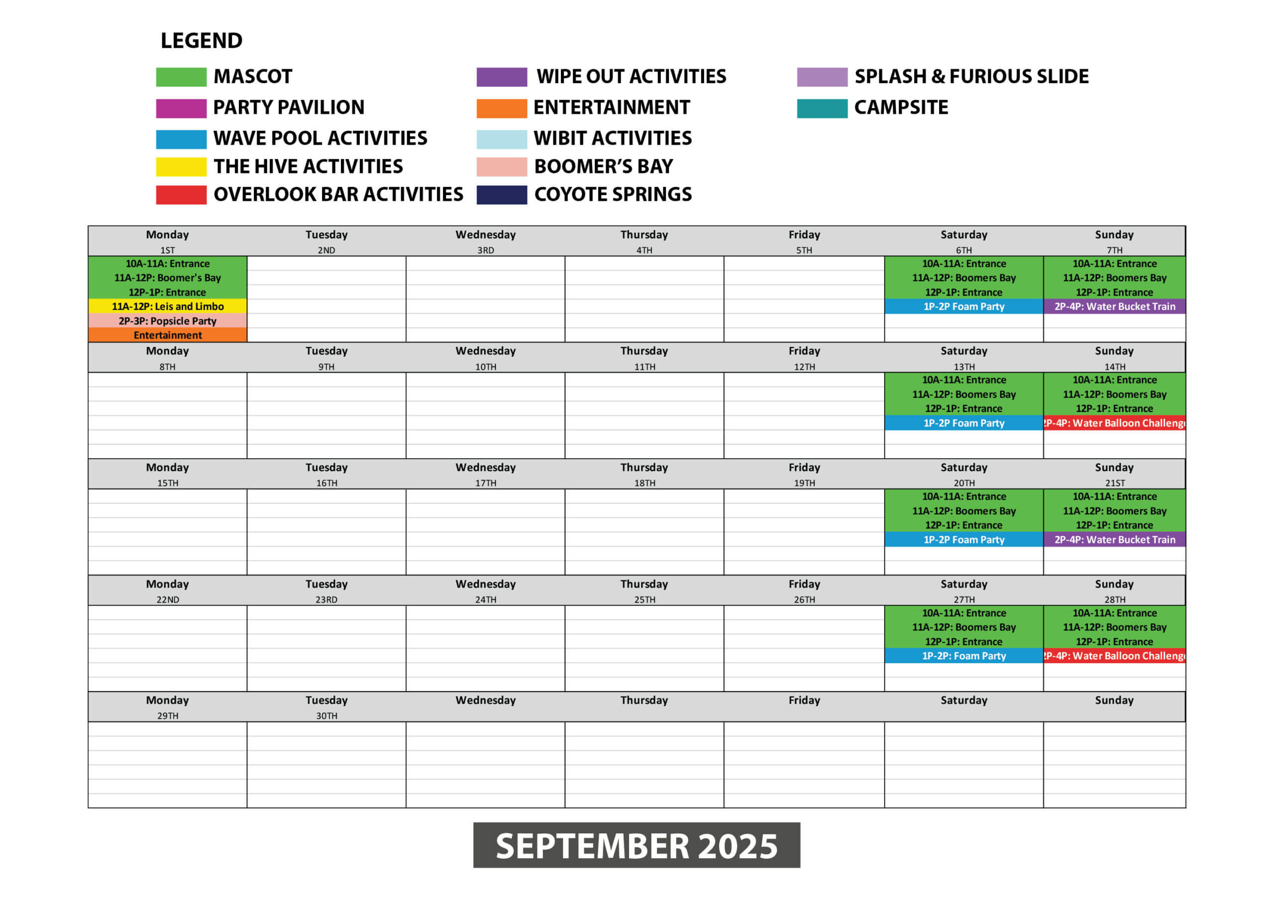 September Activity Schedule at Soaky Mountain Waterpark