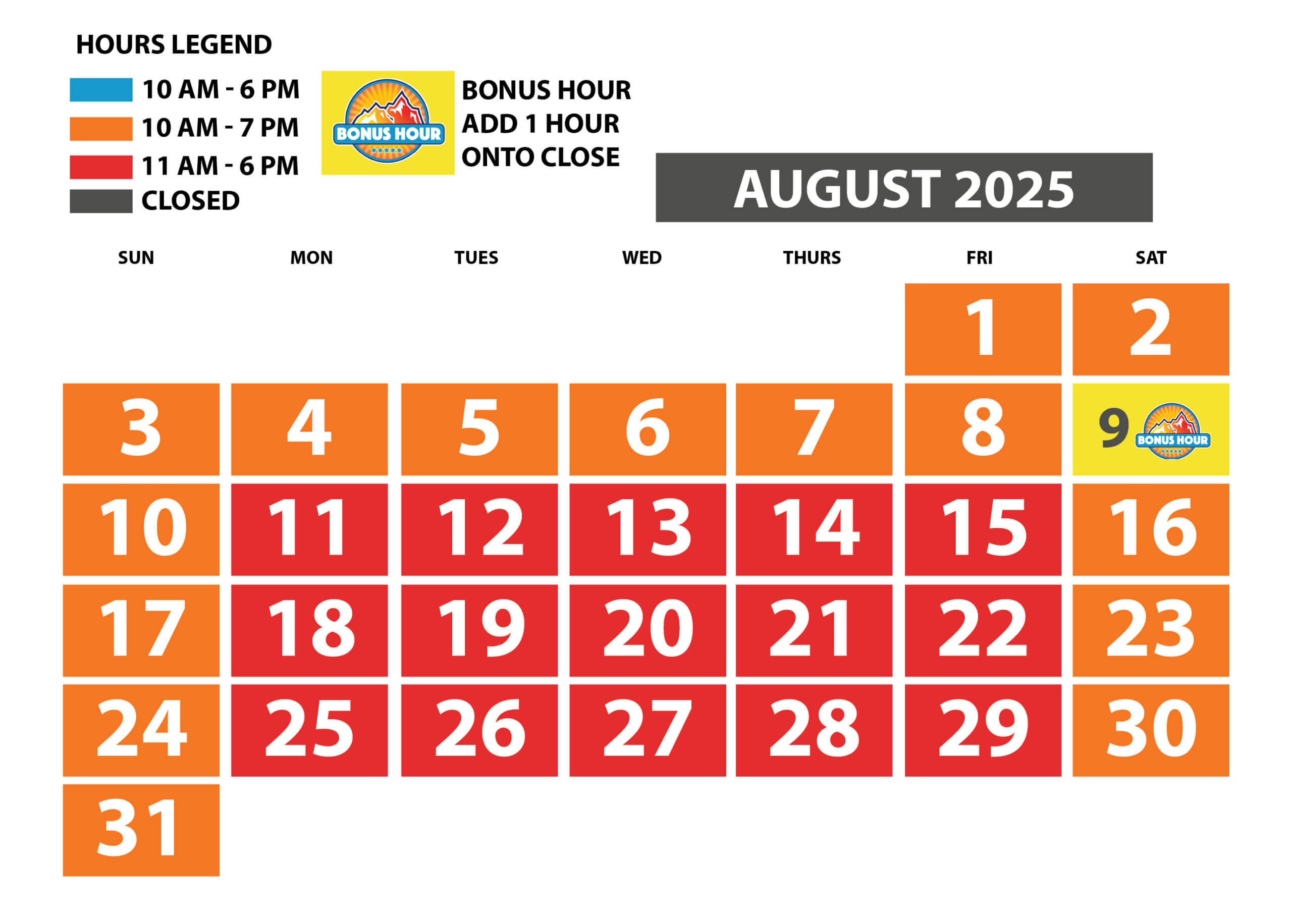 Soaky Mountain August Calendar for the 2025 season.