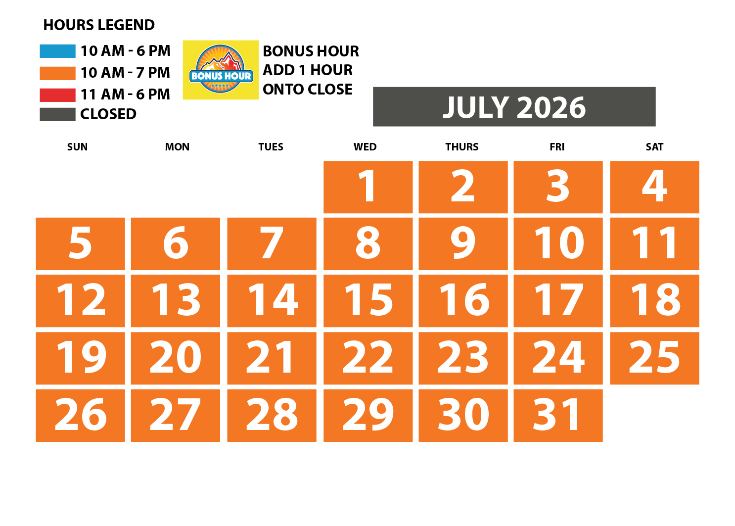 July 2026 Hours of operation for Soaky Mountain Waterpark website.