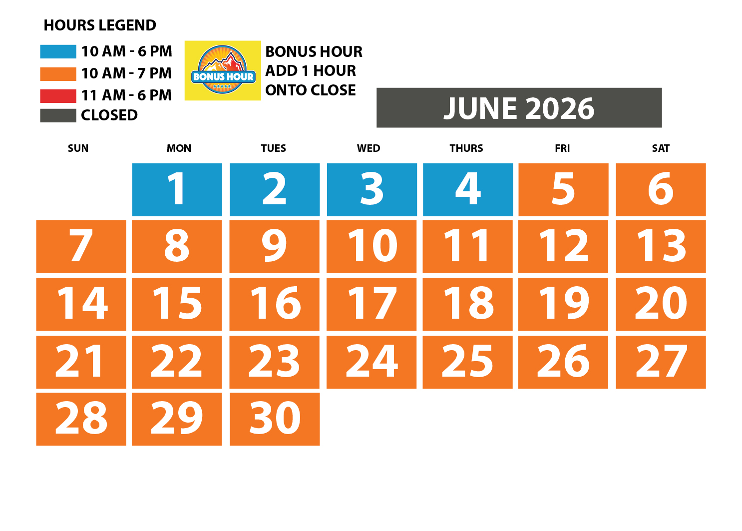 June 2026 Hours of operation for Soaky Mountain Waterpark website.