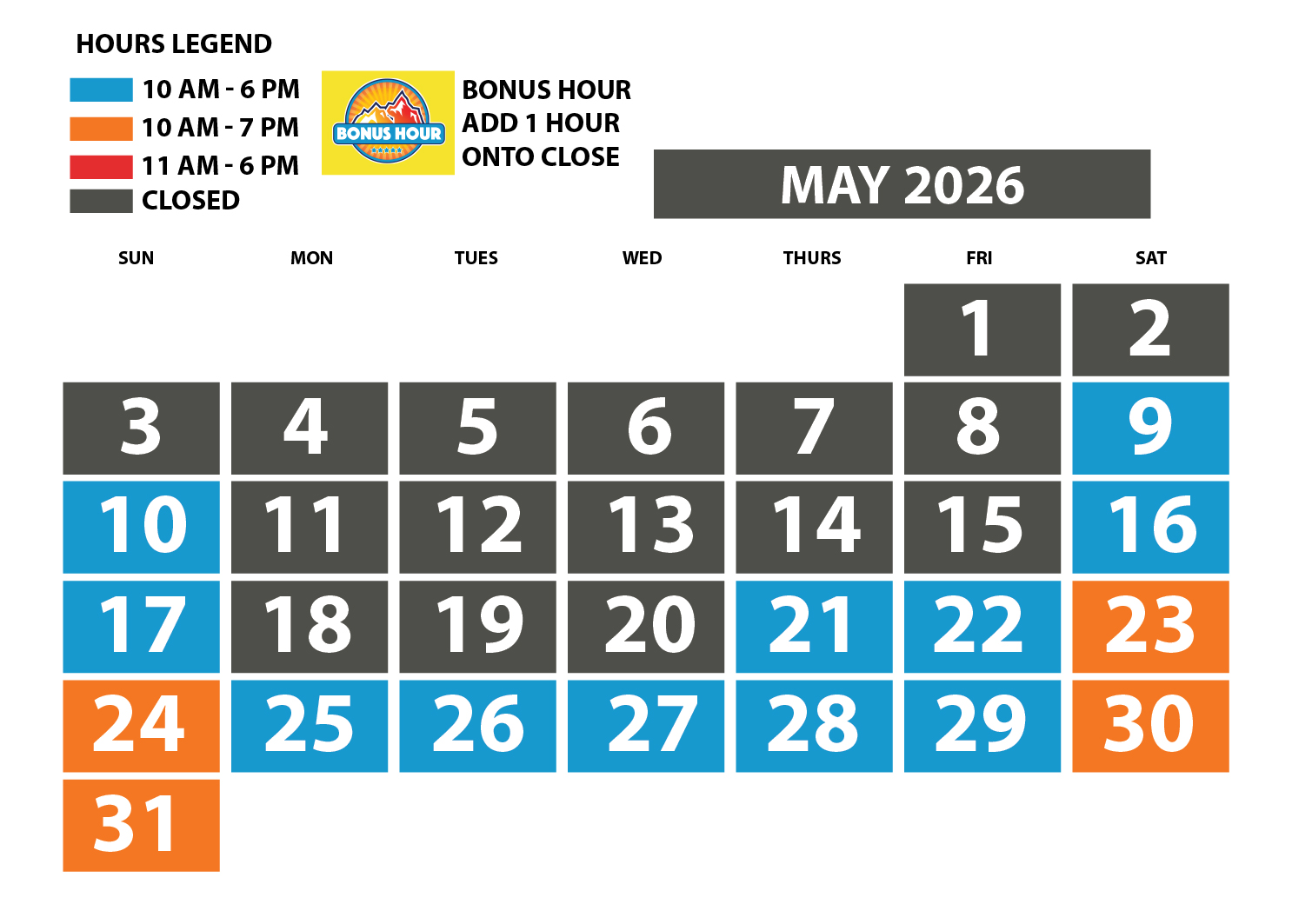 May 2026 Hours of operation for Soaky Mountain Waterpark website.