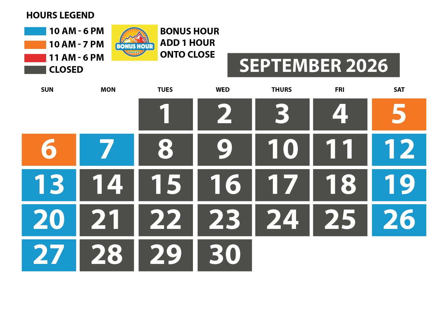 September 2026 Hours of operation for Soaky Mountain Waterpark website.