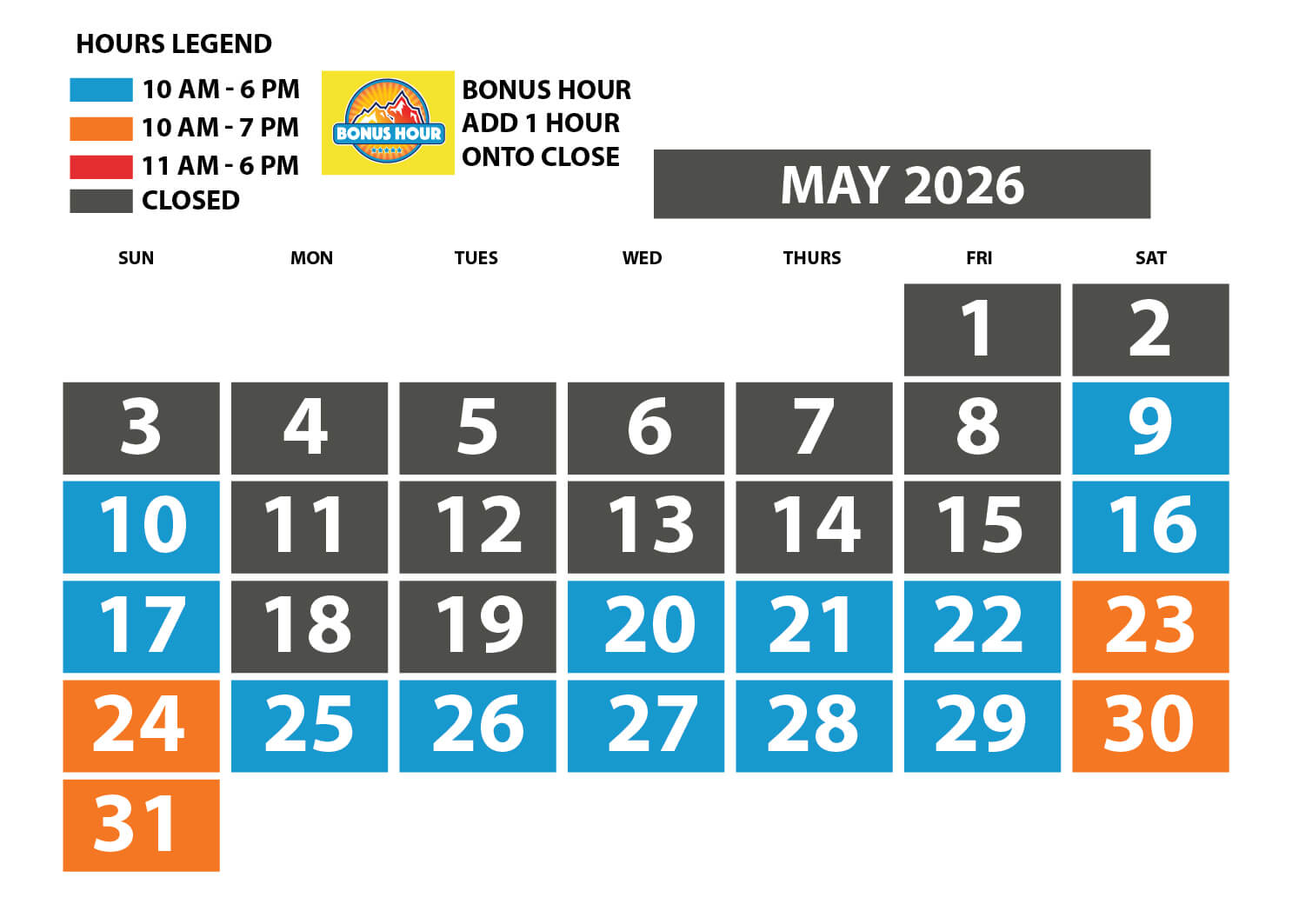 May 2026 Hours of operation for Soaky Mountain Waterpark website.