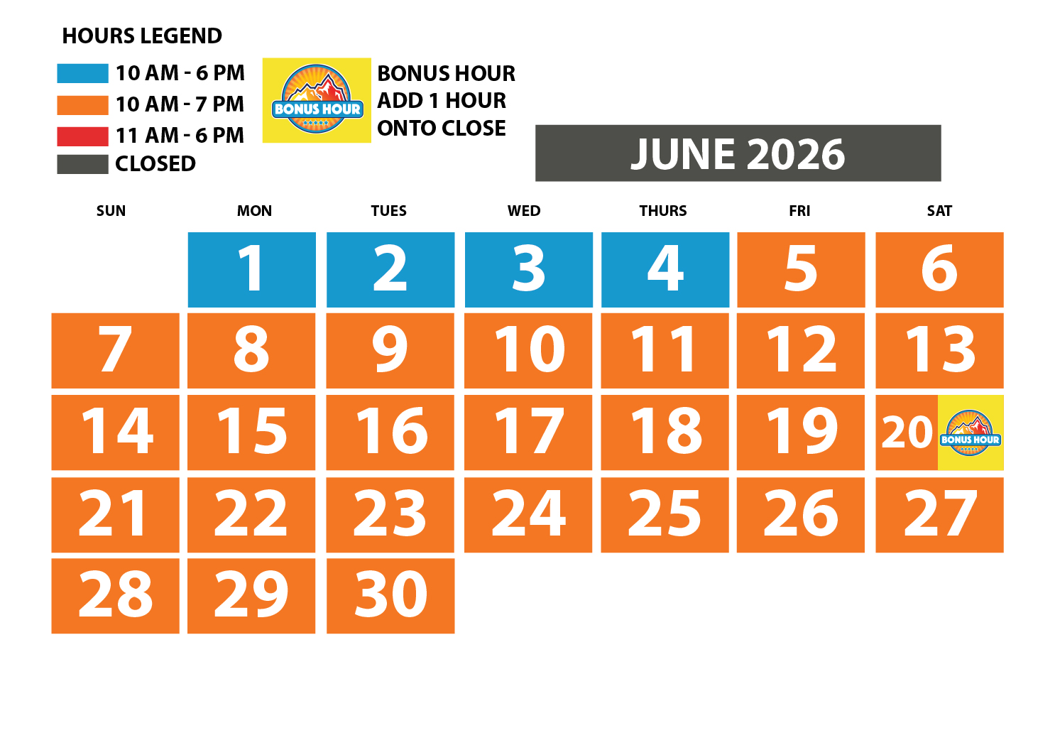 Soaky Mountain Waterpark June 2026 calendar with bonus hour on June 20th, 2026.